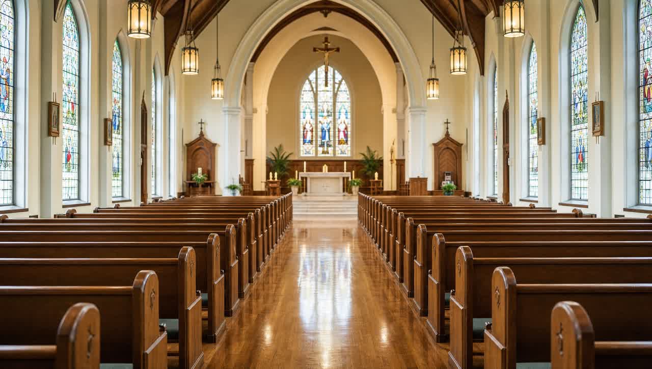 Pristine church sanctuary with polished wooden pews and gleaming center aisle