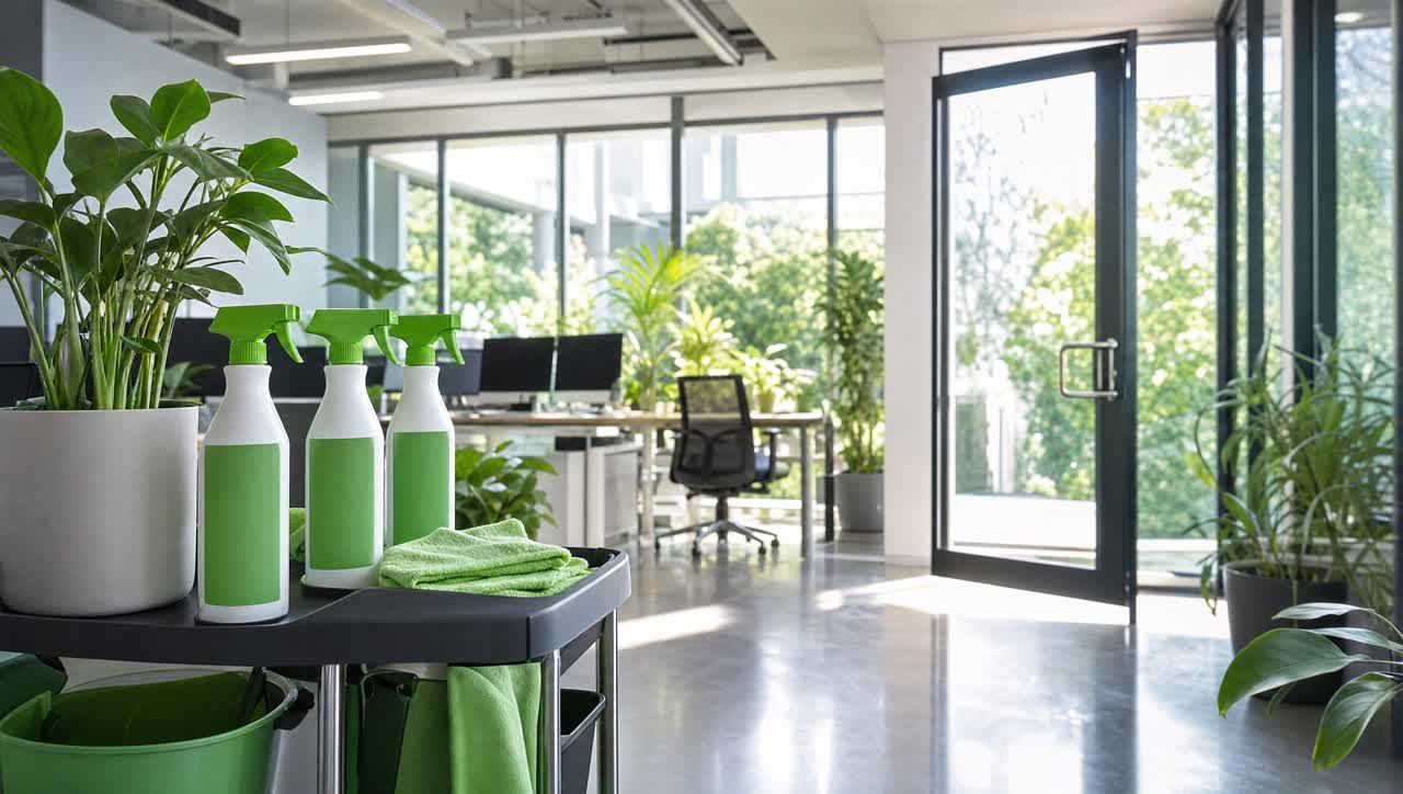 Commercial cleaner using labeled green cleaning products and microfiber cloths in a bright office breakroom